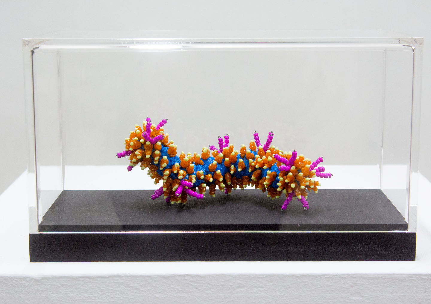 Martina Schreiber "Polyflore Mikrofauna", 2023, Polyester, elektronische Widerstände, Perlen 10 Stück, 1 Stück incl. Vitrine 490 €