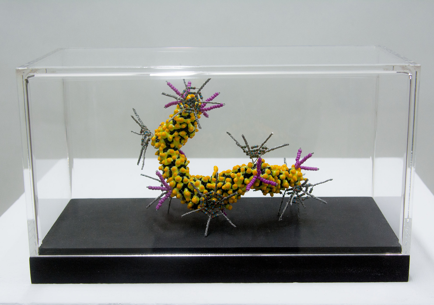 Martina Schreiber "Polyflore Mikrofauna", 2023, Polyester, elektronische Widerstände, Perlen 10 Stück, 1 Stück incl. Vitrine 490 €