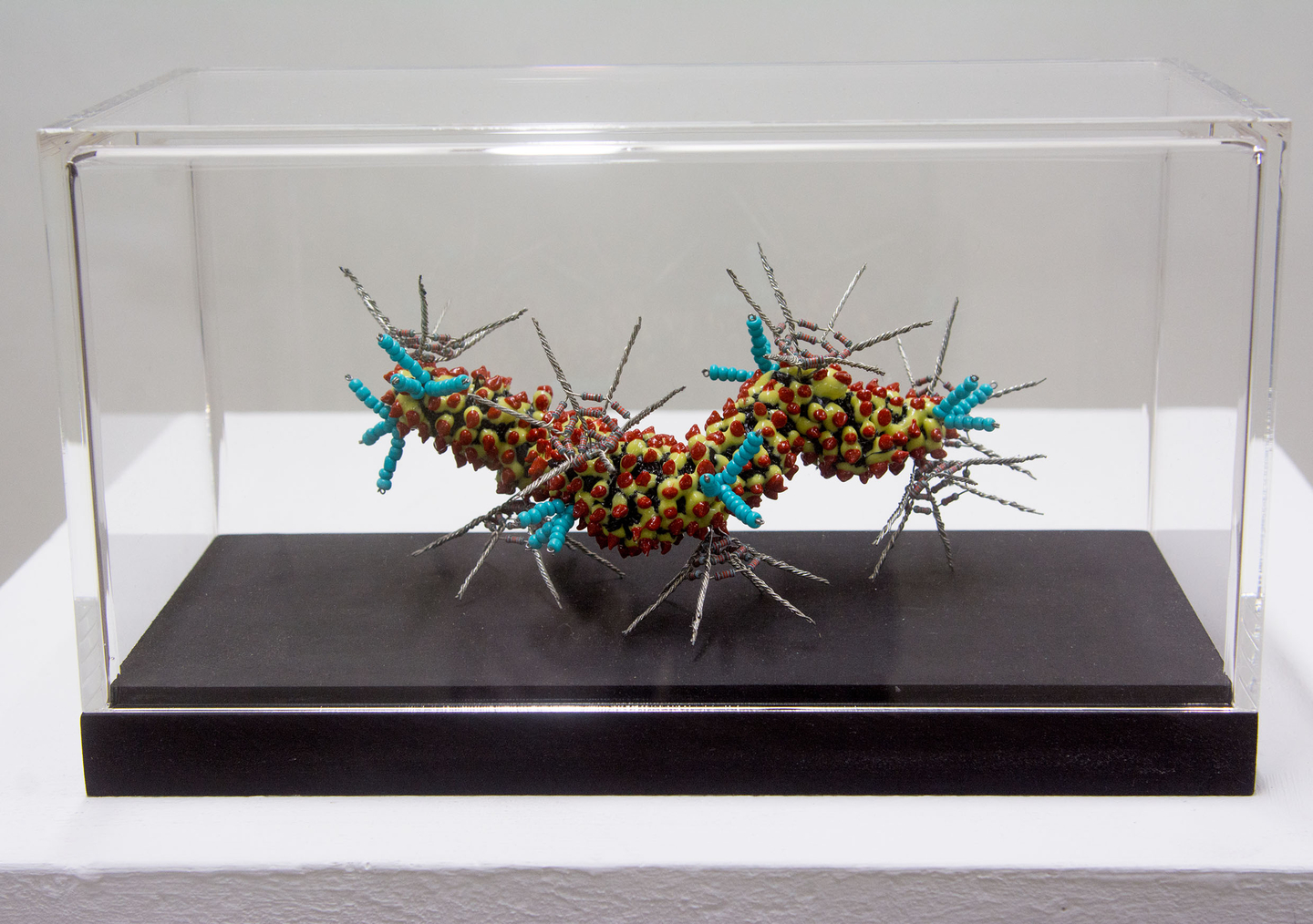 Martina Schreiber "Polyflore Mikrofauna", 2023, Polyester, elektronische Widerstände, Perlen 10 Stück, 1 Stück incl. Vitrine 490 €